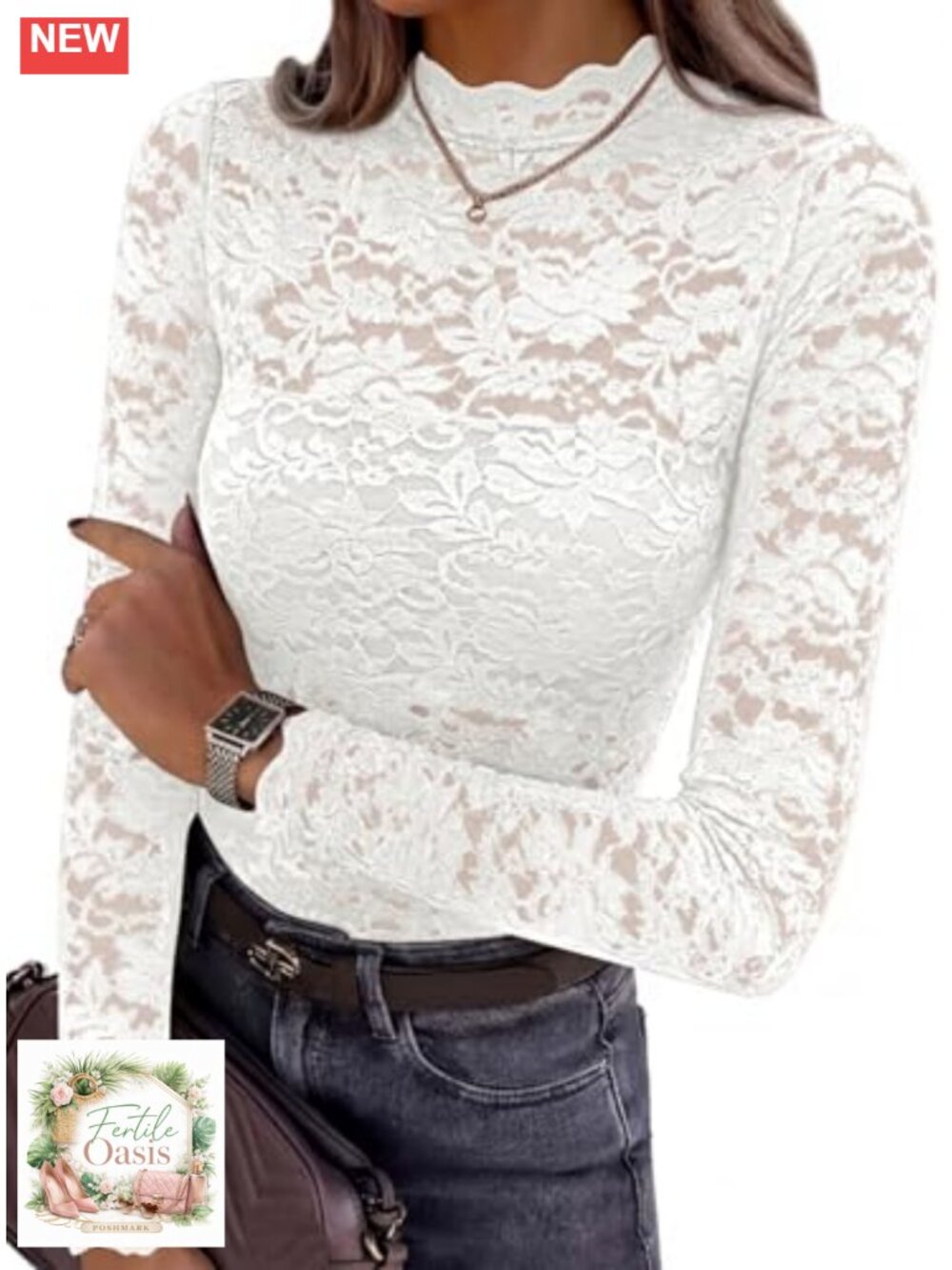 Women's Sheer Mesh Lace Long Sleeve Blouse Mock Neck